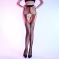 Sexy transparente schwarze Strumpfhose mit roten Herzen und offenem Schritt-Detail - Einheitsgröße / Schwarz
