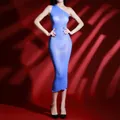 Vestido ajustado de un hombro azul claro en malla sedosa y tela transparente - Vestido Largo Elegante / Azul