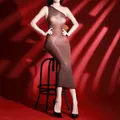 Sexy brown translucent one-shoulder bodycon dress with high-gloss silky finish - Chocolate