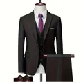 Slim fit driedelig pak in donkerbruin met blazer, gilet en pantalon voor heren - 6XL / Set / Zwart