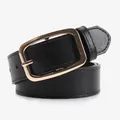 Women's minimalist black leather belt with a polished gold square buckle for jeans - Black