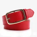 Minimalist red leather belt for women with elegant golden square buckle for jeans - Red