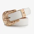 Vintage white leather belt with oversized gold engraved buckle and western star motif - Gold Star Carved Style (1004)
