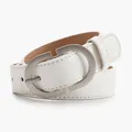 Slim white leather belt for women with matte silver CD letter buckle and stitched edges - 1005