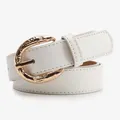 Classic white leather belt for women with textured gold horseshoe buckle detail - 1006