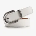 Minimalist white leather belt for women with embossed silver horseshoe metal buckle - 1007