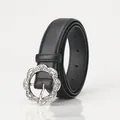 Cintura in pelle nera da donna con fibbia a fiore in argento vintage per jeans e abiti - Nero