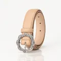 Elegante cintura in pelle beige da donna con fibbia argentata a forma di fiore - Cachi