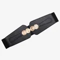 Women's black elastic wide belt featuring vintage gold coin buckles for coats - Black