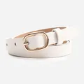 White faux leather thin belt for women featuring a gold oval metal pin buckle - White