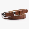 Women's slim brown belt with crocodile pattern and silver polished metal buckle - Camel