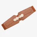 Women's brown wide elastic waist belt featuring vintage gold coin buckles and leather trim - Camel