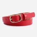 Slim red leather belt for women with elegant golden oval pin buckle and fine texture - Red
