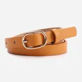 Ginger yellow leather skinny belt for women with golden oval buckle and lychee texture - Yellow
