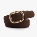 Minimalist dark brown suede leather belt with a matte gold oval buckle for women - Coffee
