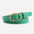 Mint green women leather belt with a polished gold oval buckle on a plain white background - Green