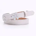Elegant white skinny leather belt with matching flower charm and horseshoe buckle - White