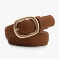 Minimalist dark brown suede leather belt for women with matte gold oval buckle - Camel