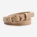 Beige thin leather belt with a polished gold oval buckle for women's outfits - Light Khaki