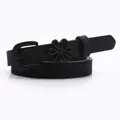 Women's thin black leather belt featuring elegant matte floral buckles for dresses - Black