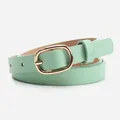 Women's light green leather belt with a minimalist oval golden metal pin buckle - Light Green