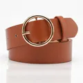 Caramel brown faux leather belt for women featuring a minimalist gold round buckle - Camel
