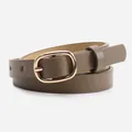 Olive green leather belt for women featuring a polished gold oval pin buckle - Dark Khaki