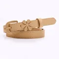 Slim beige flower buckle leather belt for women with elegant retro matte finish - Khaki