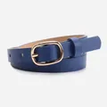 Navy blue leather belt for women featuring a gold oval buckle and lychee texture - Dark Blue