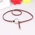 Women's woven skinny belt in dark brown with golden round buckle and heart metal tip - Coffee