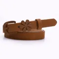 Brown slim leather belt with cute flower charm detail and matching metal pin buckle - Camel