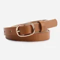 Brown leather waist belt for women with elegant golden oval pin buckle detail - Camel