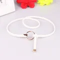 Elegant white hand-woven thin belt for women with a polished gold metal ring buckle - White