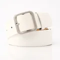 Minimalist white PU leather belt for women with a matte silver square pin buckle - White
