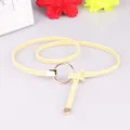 Women's thin woven waist belt in light yellow with a golden circular metal buckle - Yellow
