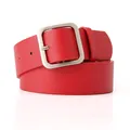 Classic red PU leather belt for women featuring a matte silver square pin buckle - Red