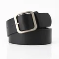 Classic black leather belt for women featuring a minimalist square silver buckle design - Black