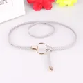 Light gray hand-woven skinny waist belt for dresses with a gold circular metal buckle - Gray