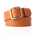 Classic light brown leather belt for women with a vintage square silver metal buckle - Camel