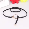 Women's thin braided black waist belt featuring a polished gold round metal buckle - Black