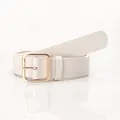 White faux leather belt for women featuring a minimalist polished gold square buckle - White With Gold Buckle
