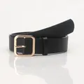 Classic black PU leather belt for women with a minimalist polished square gold buckle - Gold Buckle Black