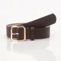Women's minimalist dark coffee PU belt with a high-shine gold square buckle - Gold Buckle Coffee
