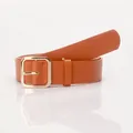 Women's vintage brown PU leather belt featuring a large square gold metal buckle - Gold Buckle Camel
