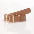 Women's minimalist khaki brown PU leather belt with a polished gold square buckle - Gold Buckle Khaki
