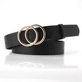 Classic black leather belt with golden double O-ring buckle on a reflective white base - Long Style / Black