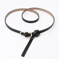 Slim black genuine leather belt for women with elegant golden double oval buckle - Black
