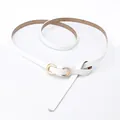 Women's slim white leather belt featuring a chic gold double ring buckle and knot style - White