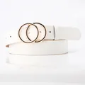 Chic white leather waist belt for women featuring a stylish gold double ring buckle - Long Style / White