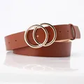 Classic brown leather belt for women featuring a minimalist golden double O-ring buckle - Long Style / Camel